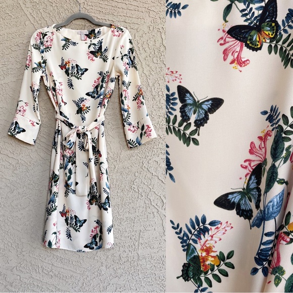 H&M Cream Blue & Pink Butterfly Floral Printed 3/4 Sleeve Belted Boatneck Dress - Picture 3 of 17